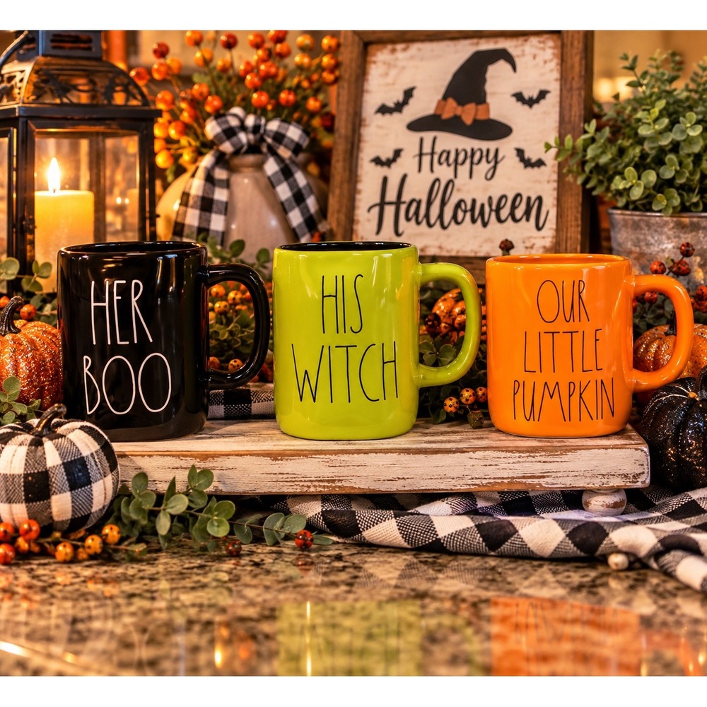 Rae Dunn Halloween Mug Set Boo His Witch Our Little Pumpkin 3 Piece New